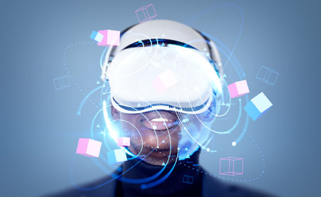 Black businessman portrait in vr glasses headset, double exposure glowing earth globe hud with...