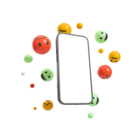 Smartphone large empty screen and different colorful smiles on white background. Concept of social media and communication. Mockup copyspace. 3D renderingの写真素材
