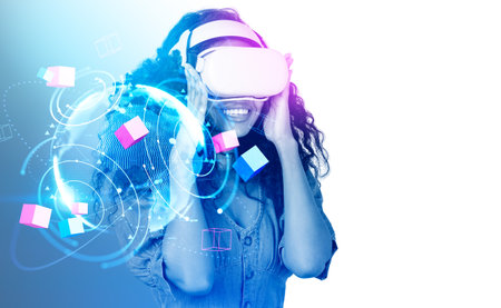 Black happy woman portrait silhouette in vr glasses, double exposure glowing earth globe with...