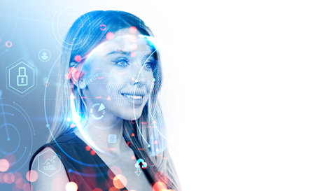 Smiling businesswoman silhouette portrait, earth globe with worldwide connection hologram, digital...