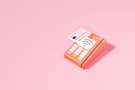Credit card and POS terminal with wifi on screen, pink background. Concept of wireless payment. copyspace. 3D renderingの写真素材