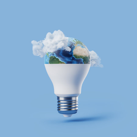 Light bulb with grass on beige background, green energy and resources. Concept of ecology. 3D...