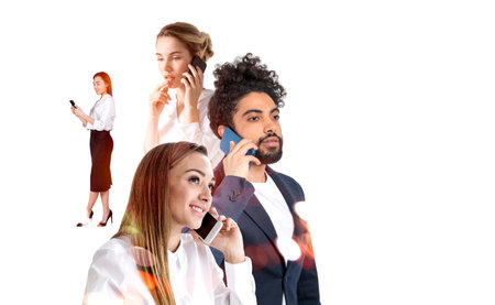 Group of business people wearing formal wear working together having conference call via smartphones. Colleague meeting, distant work. Concept of teamwork, partnership, communication, coworkingの写真素材