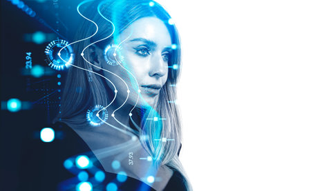 Serious businesswoman portrait silhouette, digital forex diagrams and candlesticks. Concept of financial consulting. copy spaceの写真素材