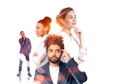 Multinational business people smiling and thinking portraits, teamwork and brainstorm. Concept of business strategy and thoughts. copy spaceの写真素材