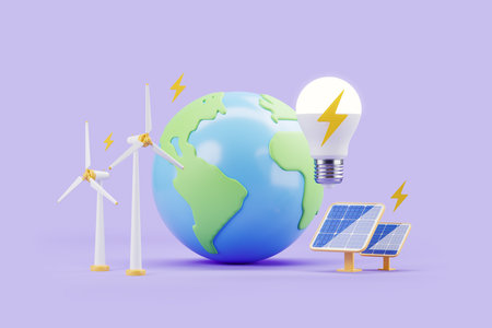 Earth sphere with solar panels and wind power station with lamp and electricity, purple background. Concept of green energy and planet save. 3D renderingの写真素材