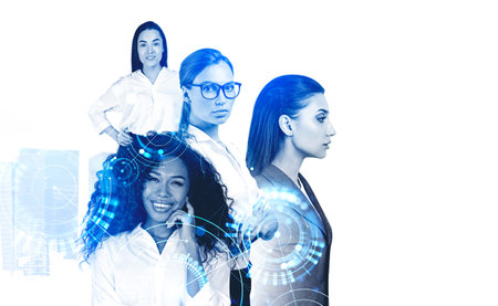 Multinational businesswoman portrait with pensive and serious look. Double exposure of digital mental world, circuit of connection in metaverse. Concept of artificial intelligence and innovationの写真素材