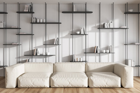 White relaxing room interior with soft place on hardwood floor. Chill zone with shelf, books and stylish decoration. 3D renderingの写真素材