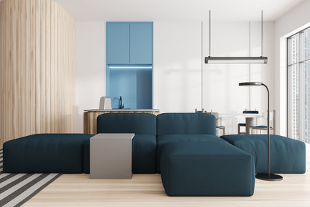 Light studio interior, sofa and bar island with sink. Dining area with chairs near panoramic window on city view. 3D renderingの写真素材