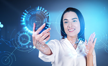 Businesswoman waving hand holding smartphone, mobile phone video conference, network lines and circles circuit hud hologram. concept of communicationの写真素材
