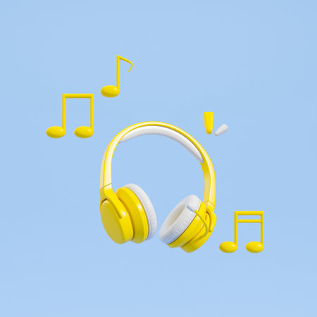 Yellow headphones, musical notes on blue background. concept of music online. 3D renderingの写真素材