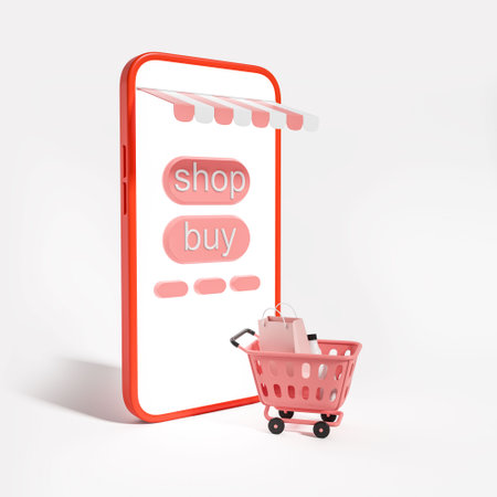 Smartphone mockup blank screen, shop and buy buttons. Minimalist mobile app design, cart with products on white background. Concept of online shopping. 3D renderingの写真素材
