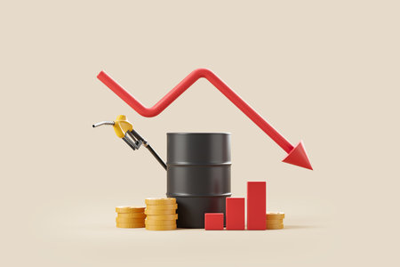 Oil barrel container and stack of coins, falling red arrow and bar chart on beige background. Concept of expensive oil. 3D renderingの写真素材
