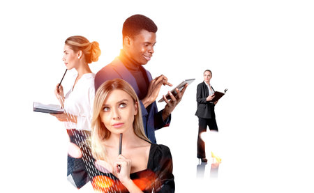 Smiling black businessman using tablet, pensive businesswomen with notebook in hands, double exposure with skyscrapers on white background. Concept of network and planの写真素材