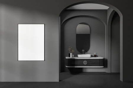 Dark hotel bathroom interior with sink, deck with accessories and gray concrete floor. Mockup canvas poster before entrance. 3D renderingの写真素材