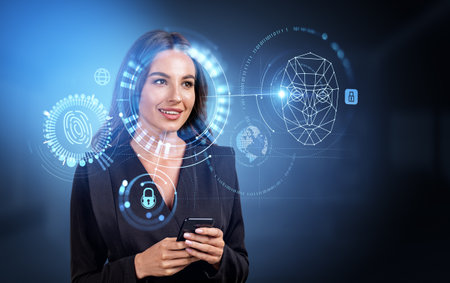 Businesswoman working with smartphone, smiling portrait and digital biometric scanning hologram hud,...