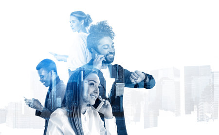 Multinational business people working together, typing and talking on the phone. Happy smiling portrait silhouette and cityscape double exposure . Concept of meeting and connectionの写真素材