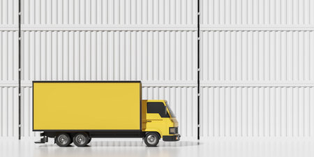 Yellow delivery van and stack of white cargo containers. Concept of trucking and international logistics. Mockup copyspace. 3D renderingの写真素材