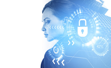 Businesswoman portrait profile silhouette, double exposure with percentage circles and arrows, glowing lock. Concept of big data and cybersecurity. copy spaceの写真素材