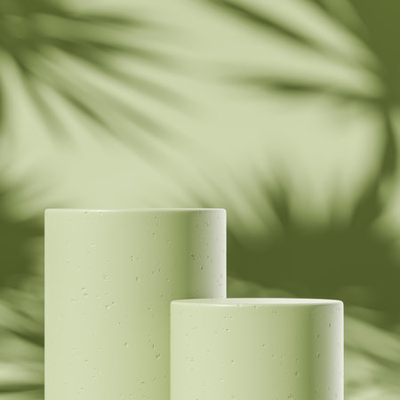 Two concrete columns pedestal with abstract palms shadow, green copy space background. Mockup for product display and promotion. 3D renderingの写真素材