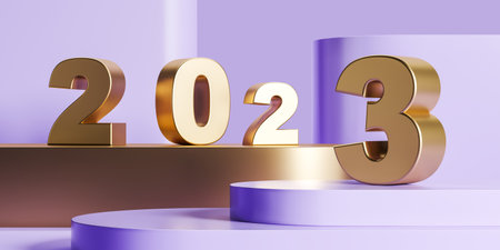 2023 year, golden numbers on purple platform. Concept of new year and celebration. 3D rendering