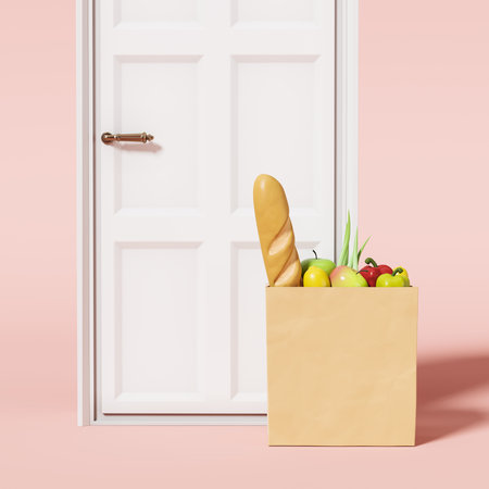 Grocery paper bag with fresh food at the door. Concept of food delivery and courier. Mockup copyspace. 3D renderingの写真素材