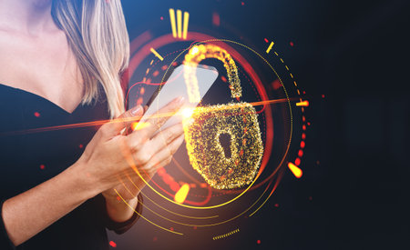 Businesswoman hands working with phone, double exposure hud with glowing golden cybersecurity lock...
