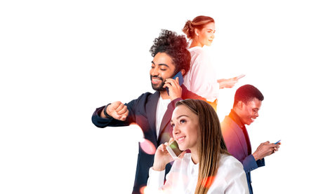 Multinational business people working together, typing and talking on the phone. Happy smiling portraits on white copy space background. Concept of communication and networkの写真素材