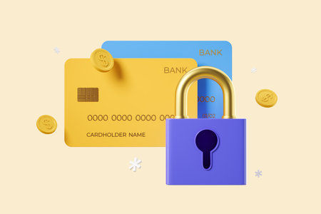 Yellow and blue credit card with coins. Closed lock with floating coins on light yellow background....