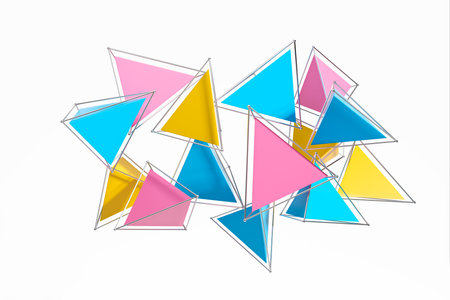 Colorful pyramids in abstract space, floating. Geometric figures and abstract design. 3D rendering