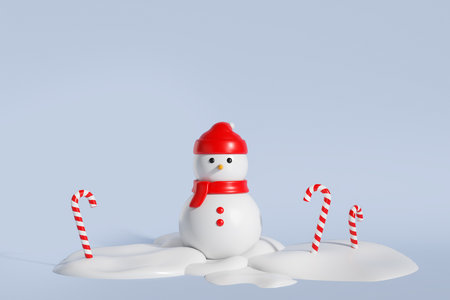Snowman in red hat and scarf on blue empty copy space background, sweet canes in a snowdrift. Concept of holiday and lollipop. 3D renderingの写真素材