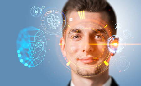 Smiling businessman portrait, glowing biometric scanning hud hologram, face detection and mental world. Concept of machine learningの写真素材