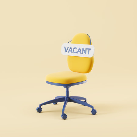 Office armchair with vacant banner on yellow background. Concept of career and recruitment. 3D renderingの写真素材