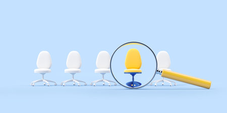 Magnifying glass and yellow office armchair among others in row. Concept of career and vacancy. 3D renderingの写真素材