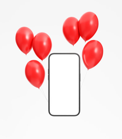 Phone mock up empty display flying with red helium balloons on white background. Concept of holiday and gift. 3D renderingの写真素材
