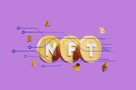 NFT gold coins and multiple cryptocurrency icons on purple background. Mining and digital currency. Concept of token and digital art. 3D renderingの写真素材