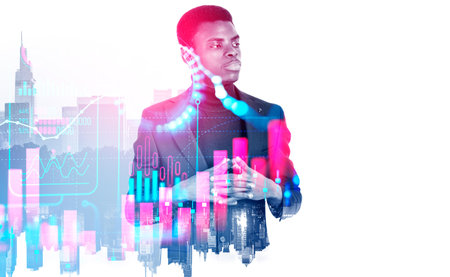 Serious black businessman portrait with colorful forex diagrams and data analysis, double exposure cityscape silhouette. Concept of financial consultant. copy spaceの写真素材