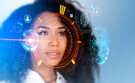 African businesswoman portrait, colorful digital biometric scanning hud hologram, face detection and...