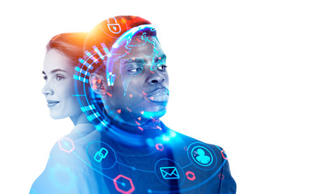 Black businessman with smiling businesswoman portraits, double exposure with glowing earth globe. Global network hologram and connection concept. copy spaceの写真素材