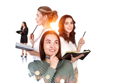Group of business people work together studying and taking notes to get business knowledge for...
