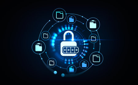 Glowing lock icon with hidden password. Folders hologram circuit, documents storage and protection. Concept of data security. 3D renderingの写真素材