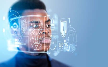Black businessman and biometric verification with facial recognition, digital hologram hud with...