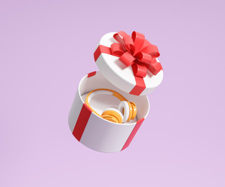 Open white gift box and a red ribbon with headphones inside on purple background. concept of present. 3D renderingの写真素材