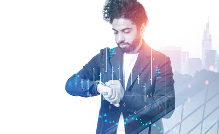 Pensive middle eastern businessman using smart watch, double exposure business skyscrapers...
