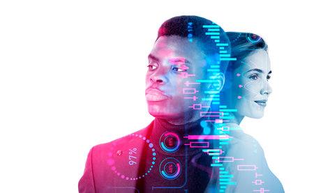Smiling businesswoman and serious black businessman portraits silhouette. Double exposure forex diagrams with candlesticks and statistics. concept of consulting. copy spaceの写真素材