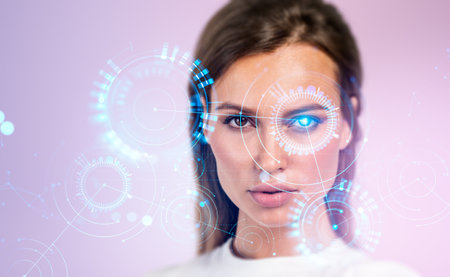 Businesswoman serious portrait looking at the camera, glowing neural networks hud hologram and...