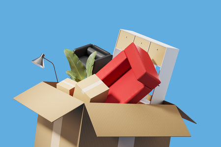 Office furniture falling into a cardboard box, company relocation and moving on blue background....