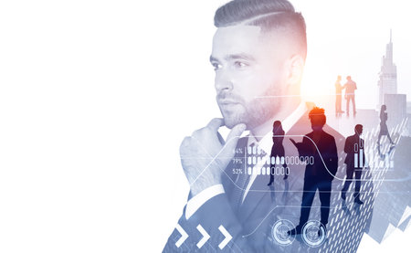 Diverse business people working together, businessman profile silhouette with pensive look, copy space white background and cityscape. Concept of analysis and research. copy spaceの写真素材