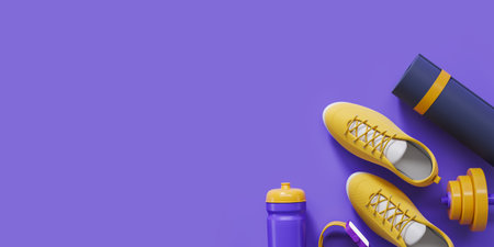 Top view of sneakers, smart watch with empty mock up screen, dumbbells and bottle of water on purple background. concept of fitness. 3D renderingの写真素材