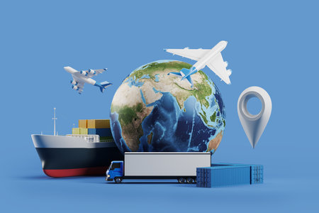 International and worldwide delivery, earth globe with airplane, location pin, cargo ship and truck on blue background. Concept of global logistics. 3D renderingの写真素材